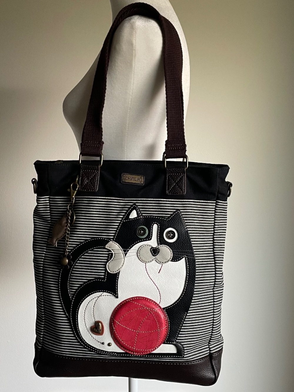 CHALA Fat Cat Striped Canvas Work Tote Shoulder Bag Boho Tuxedo Whimsical Granny